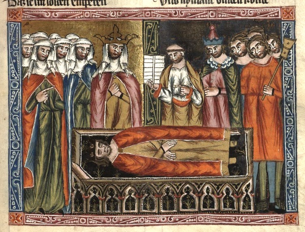 Miniatura przedstawiająca pogrzeb władcy w „Kronice świata Czechy (Praga)”, 3. ćw. XIV w. 